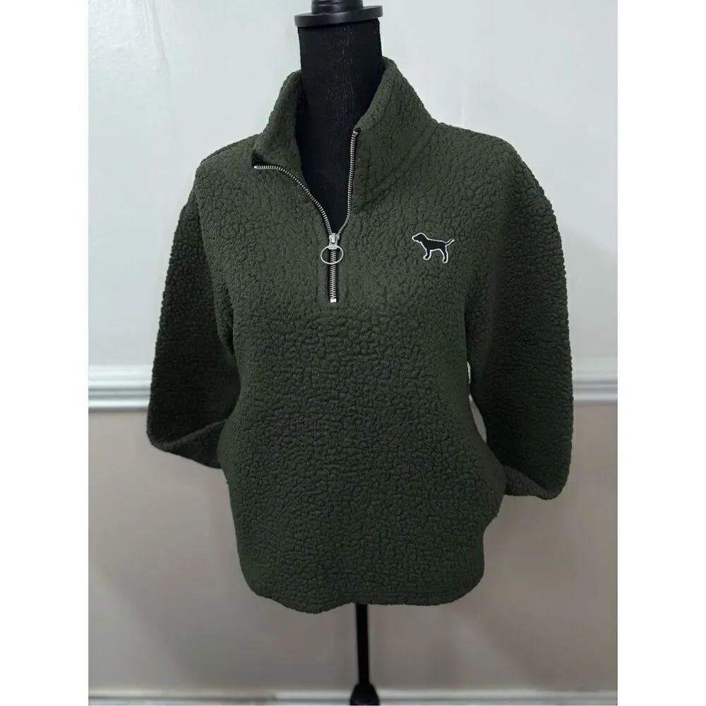 PINK Victoria’s Secret Dark Olive Green Sherpa 1/4 Zip Pullover Size X-Small